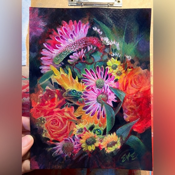 Bouquet Original painting frog art Mixed Media Floral ladybugs Signed artettina